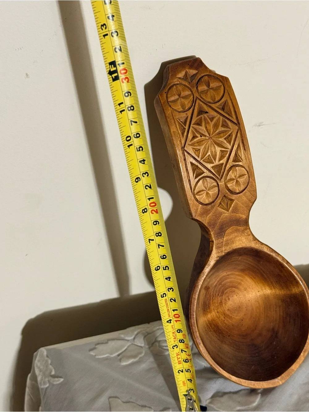 Hand-Carved Wooden Celtic Serving Spoon Ladle in Warm Brown for Decor